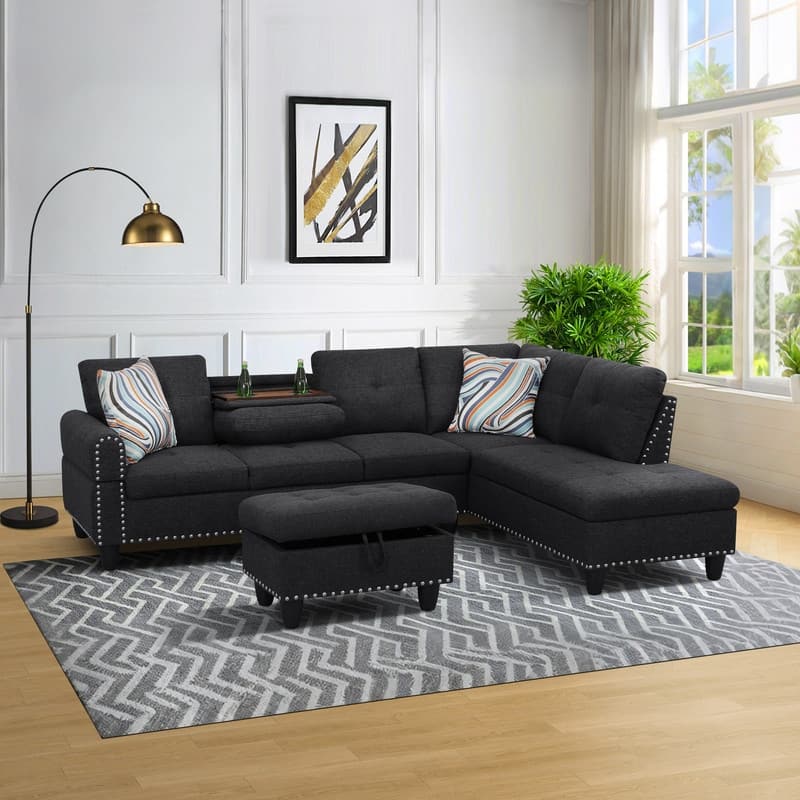 3 Piece Modular Sectional Sofa with Storage Ottoman and Flip Top Table
