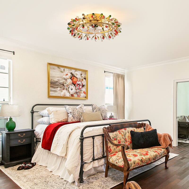 23" Modern Gold Flush Mount Crystal Ceiling Fan with Light and Remote