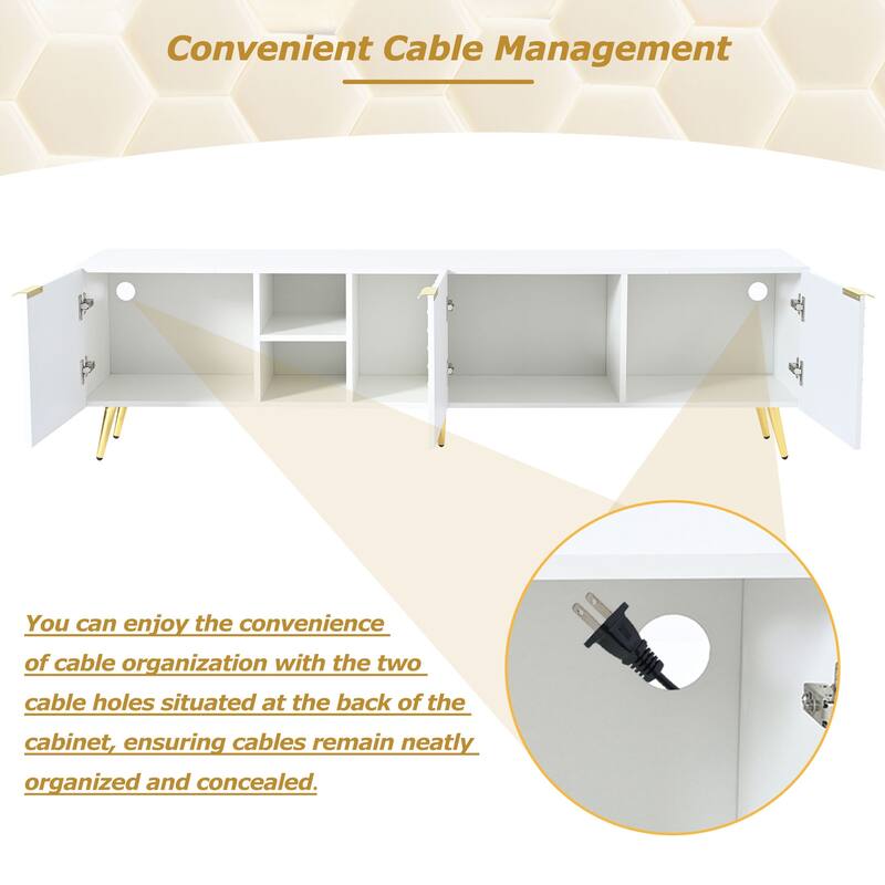 71" Minimalist TV Cabinet with Geometric Honeycomb Pattern - Gold Accents, Cable Management, Storage