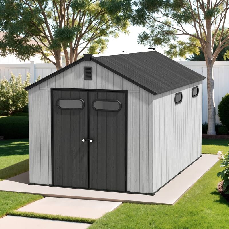 VredHom 8X8/8X10/8X12 FT All-Weather Outdoor Resin Storage Shed with Windows Floor for Patio Furniture and Tools