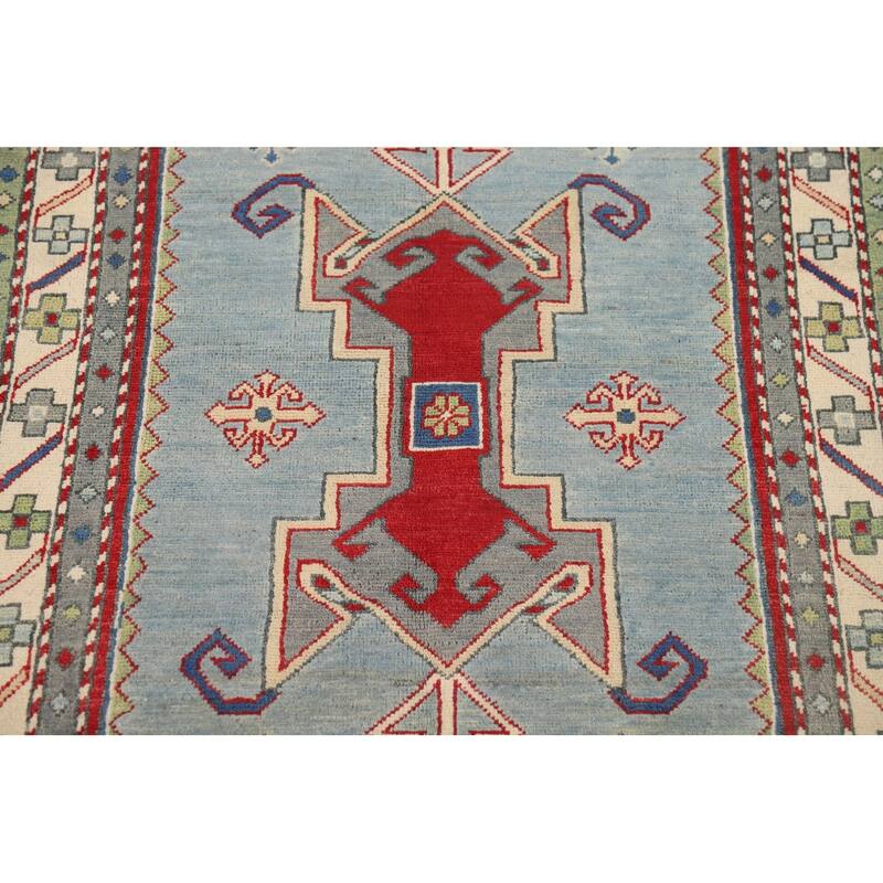 Light Blue Geometric Kazak Accent Rug Handmade Wool Carpet - 3'3" x 4'11"