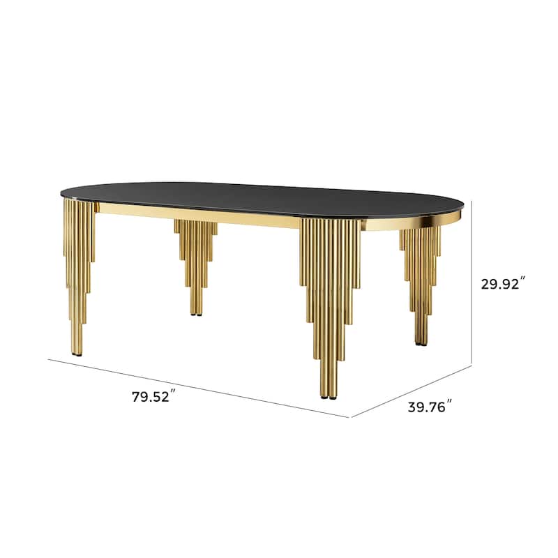 79.53" Black Glass Top oval Dining Table with gold stainless Steel Base for 8 seats