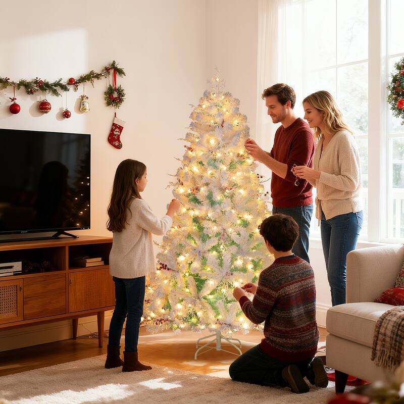 Gymax 6 FT Pre-lit Artificial Christmas Tree w/599 Snow Flocked Branch
