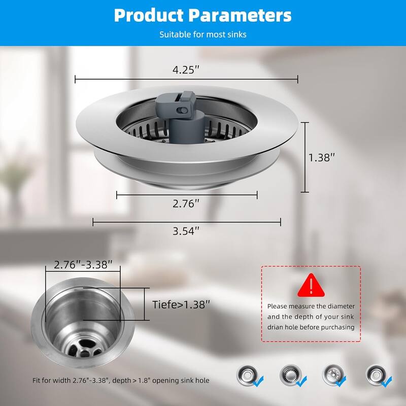 3 in 1 Kitchen Sink Drain Strainer for US Standard 3-1/2" Drain