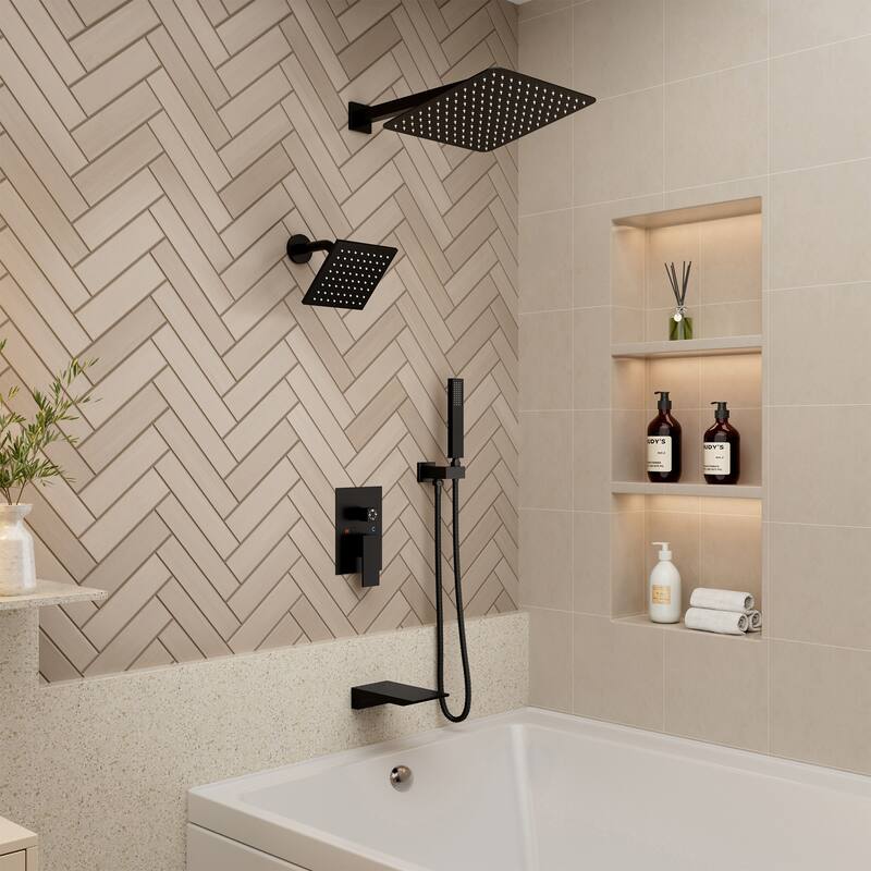 4-Spray Wall Mount 12 and 6 in. Dual Fixed and Handheld Shower Head with Waterfall Tub Spout (Valve Included) - 12" x 12"