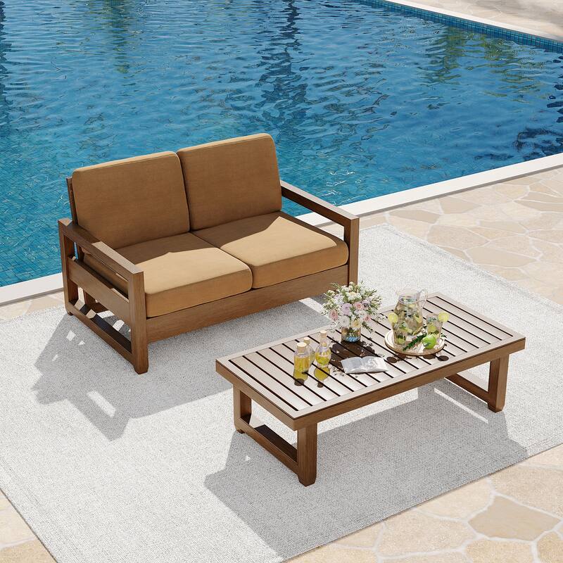 Teak Loveseat Patio Set with Cushions and Table (2-Piece)