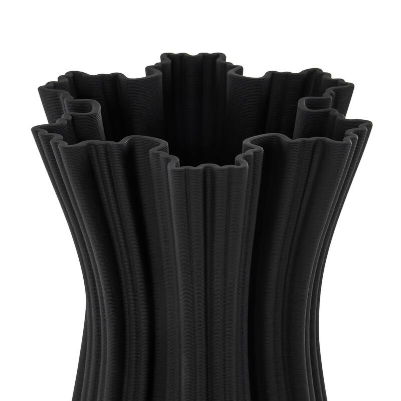Black Ceramic Ribbed Tulip Inspired Abstract Vase with Floral Shaped Rim