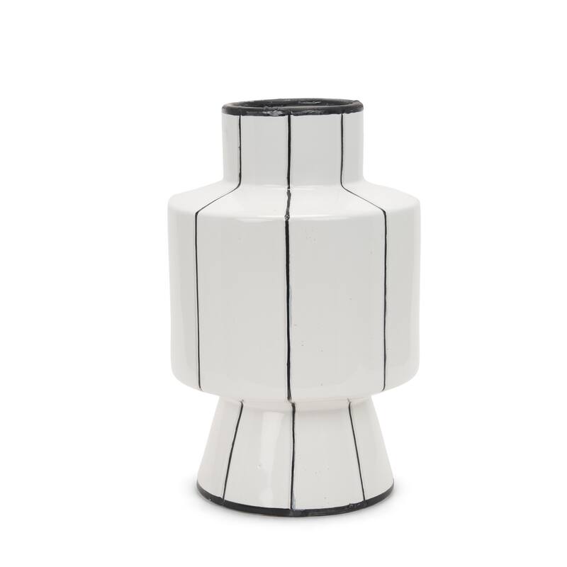 16" White And Black Striped Ceramic Cylinder Table Vase - 9.84