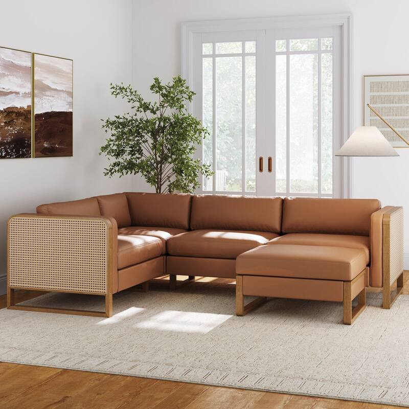 Madison Modern Upholstered Modular Sofa or Couch for Living Room with Solid Wood Legs - 4-Seater Sectional + Ottoman - Camel/Light Brown/Rattan