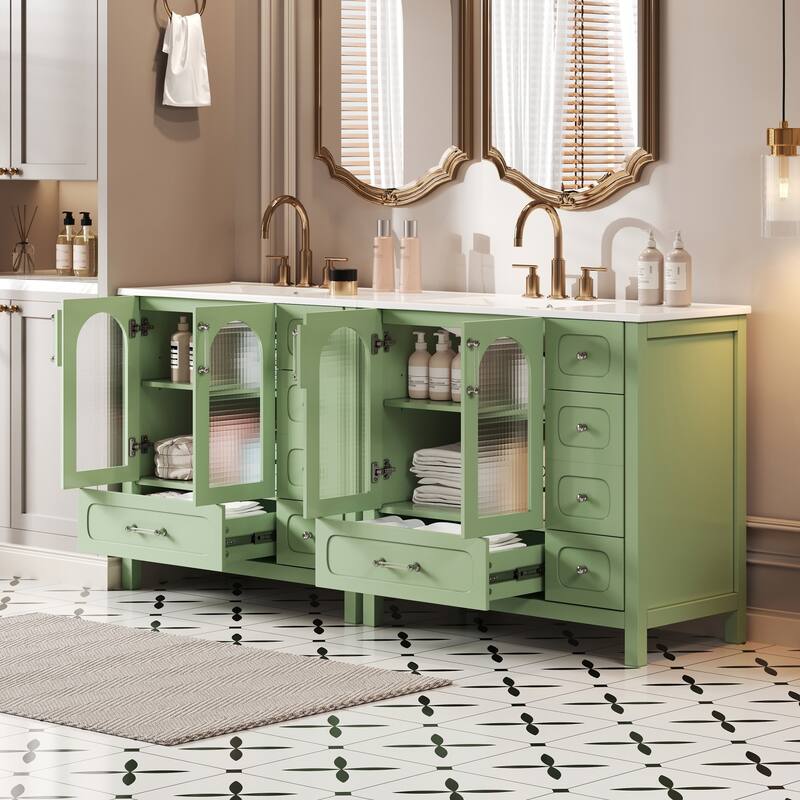 72" Bathroom Cabinet with Waffle Texture Doors, Large Bathroom Vanity with Eight Drawers, Soft-Closing Doors and Double Sink Top