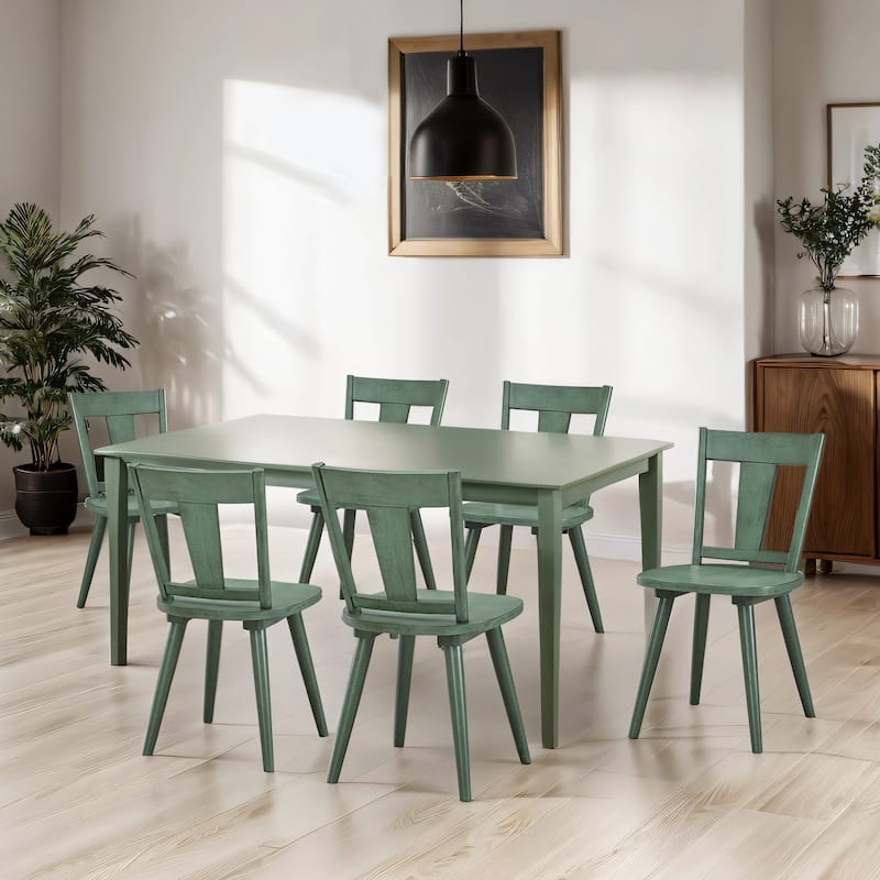 Vintage Panel Back Wooden Dining Chairs - Set of 6 - Antique Green