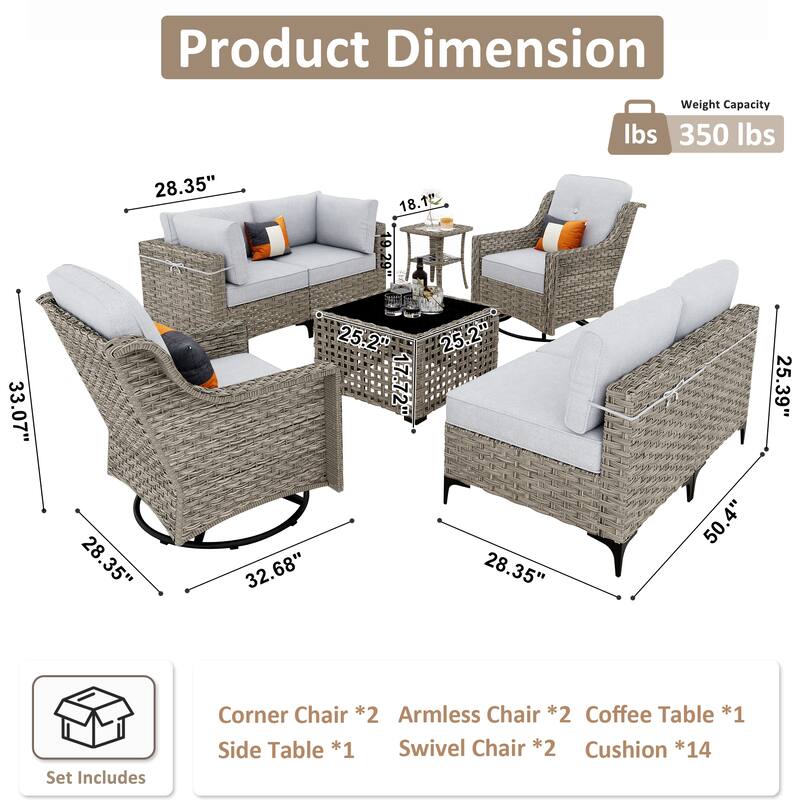 OVIOS 8 Pieces Outdoor Wicker Swivel Chair Set With Solar-Powered Coffee Table