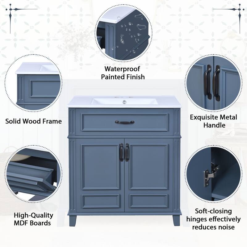 Bathroom Vanity with Ceramic Sink, Solid Wood Bathroom Sink Vanity, Storage Cabinet with Pull-Out Drawer & Tip-Out Drawer