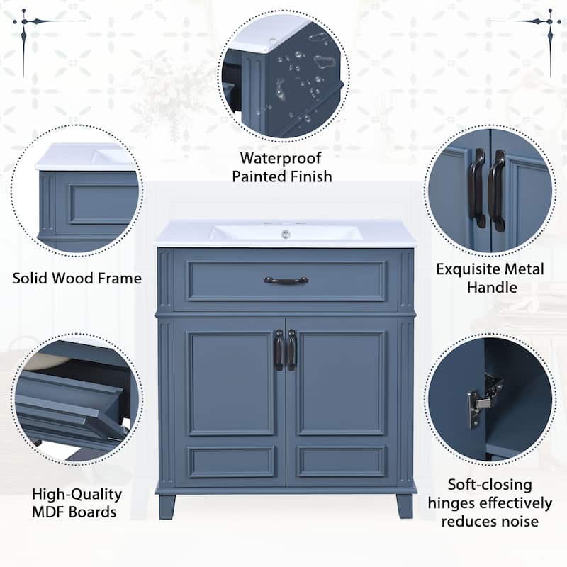 Roomfitters 30" Vanity with Ceramic Sink, Solid Wood Frame Cabinet with Soft Closing Doors, Retro Freestanding Design, Blue