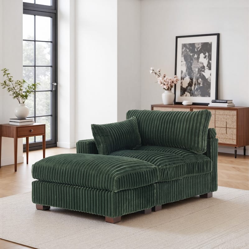 Modren Plush Upholstered Coner Chair and Ottoman Set - Green - Left Facing