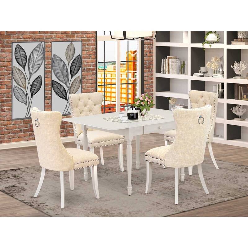 5-Piece Linen White Finish Solid Wood Top - Rectangular Upholstered Dining Room Set - (Seats-4)