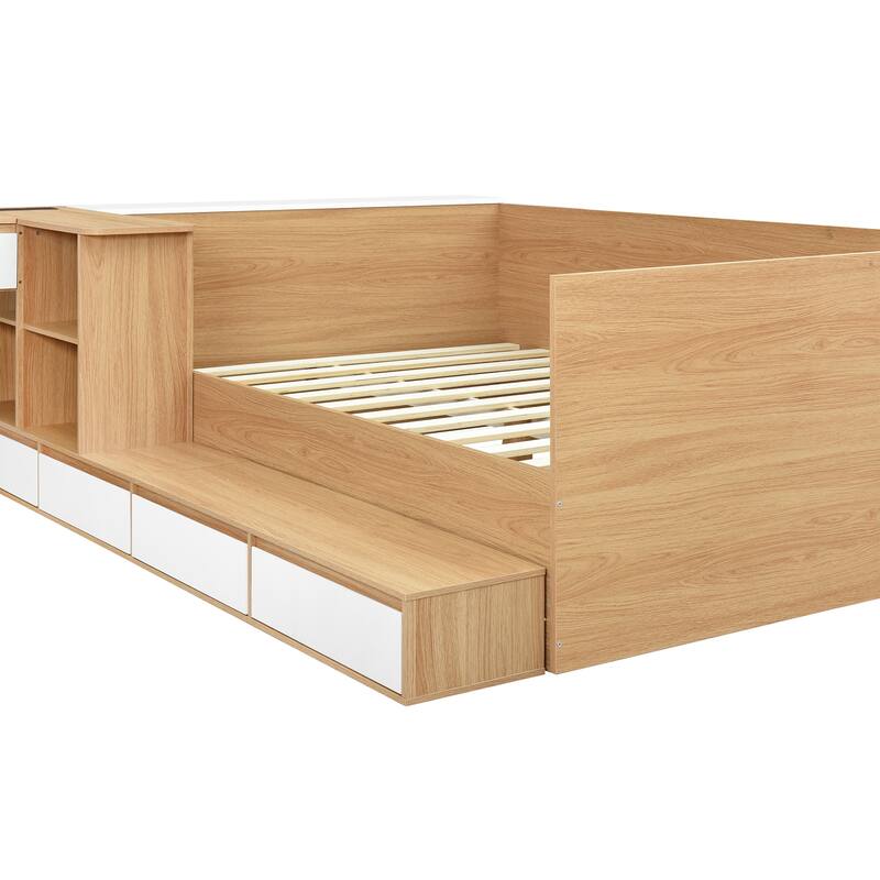 Full Wood Platform Bed - 6 Drawers, Shelves & Dressing Table, Space-Saving Design