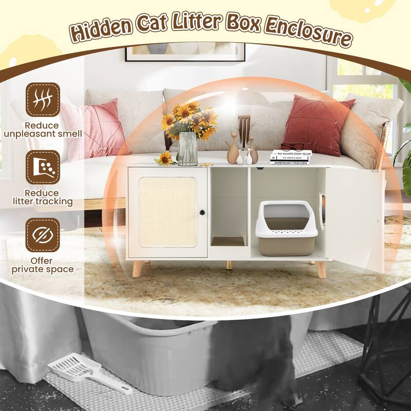 Gymax 43'' Cat Litter Box Enclosure for 2 Cats w/ Double Rooms 2 Sisal