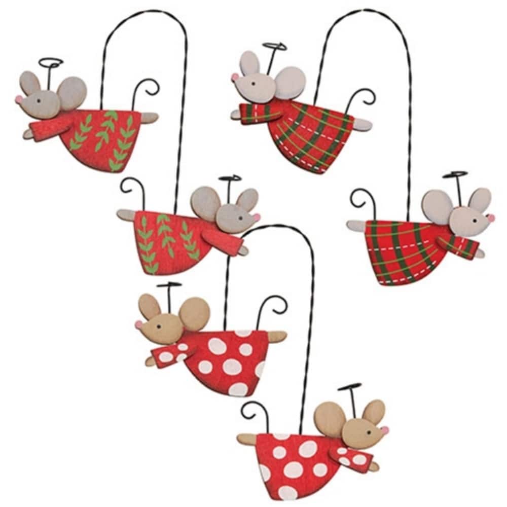 Wooden Flying Angel Mice Hanging Ornaments Holiday Decorations with Wire Hanger 3 Asstd. - 6" H x 7" W x .5" D