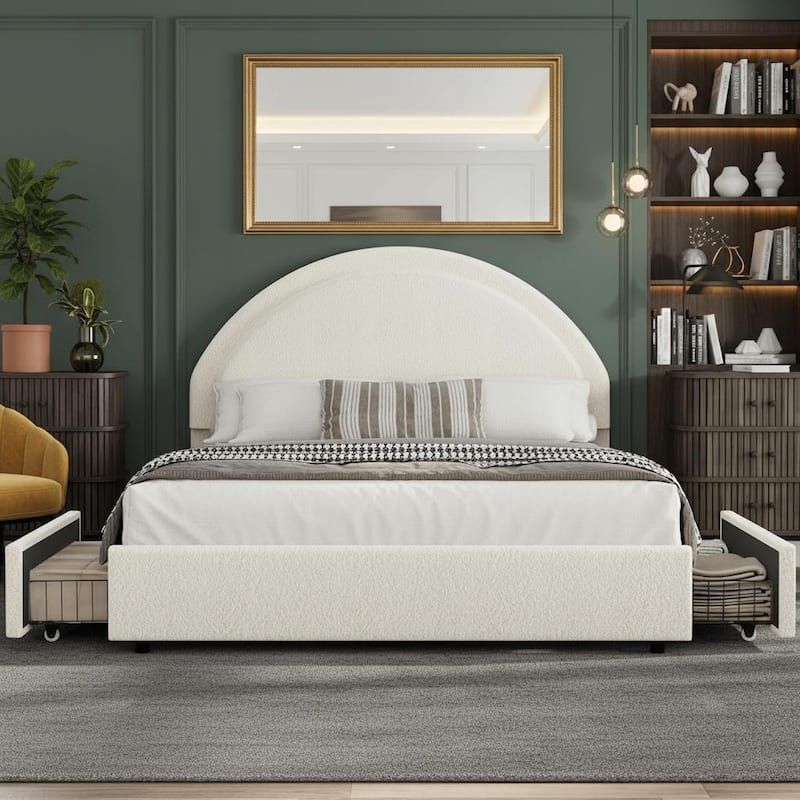 Boucle Upholstered Platform Bed Frame, with 2 Storage Drawers - Beige - Queen