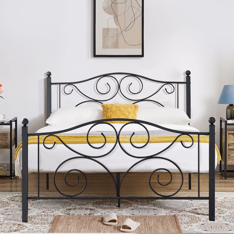 Metal Platform Bed Frame with Scroll Headboard - Queen