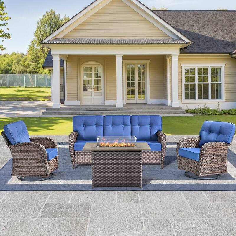 4 Pieces Outdoor Sofa with 41 Inch Fire Table - Brown Wicker & Grey Cushion