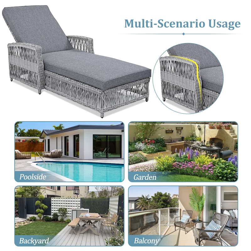 Outdoor Rattan Wicker Chaise Lounge Chair with Adjustable Backrest and Armrests