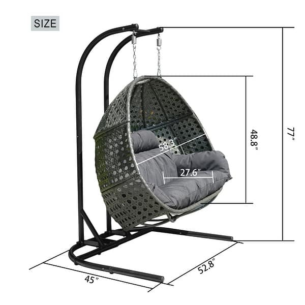 2-Person Hanging Egg Swing Chair with Metal Stand Handcrafted Wicker Breathable Cushion