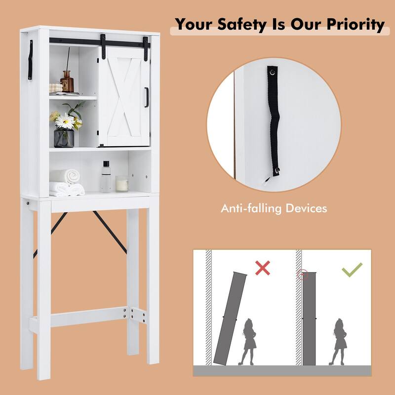 3-Tier White Over Toilet Bathroom Storage Cabinet Freestanding Organizer with Adjustable Shelves and Door - 27"W x 8.5"D x 67"H