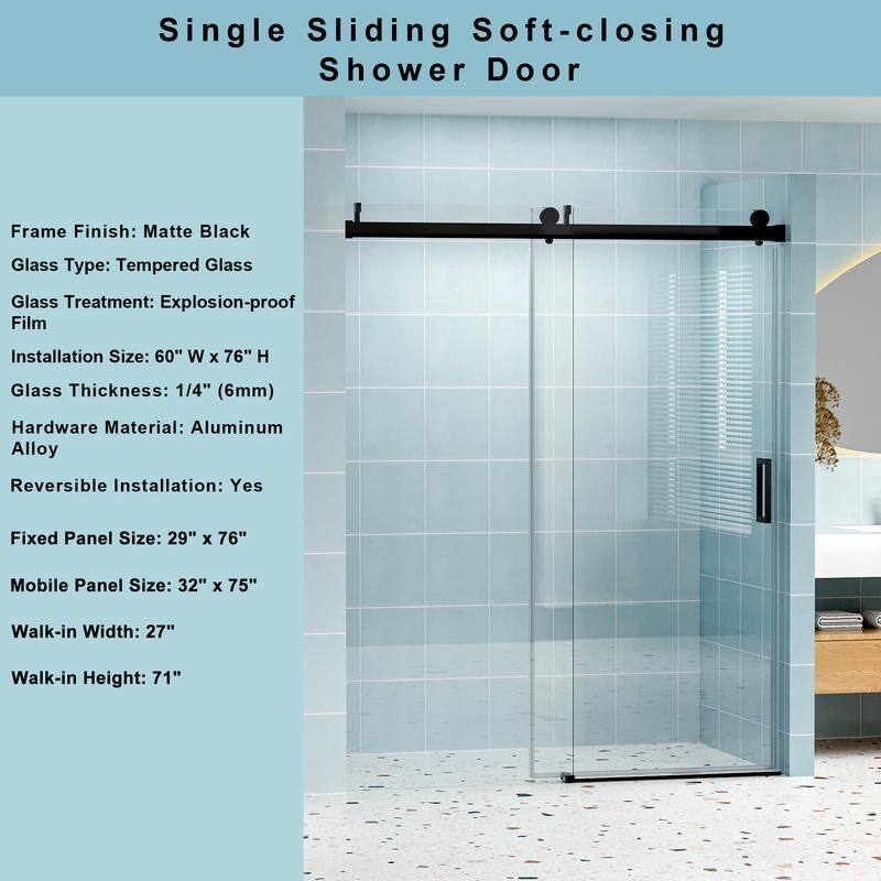 ABRUZZO 56-60" W x 76" H Frameless Soft-Closing Single Sliding Shower Door 1/4" (6mm) Explosion-Proof Tempered Glass
