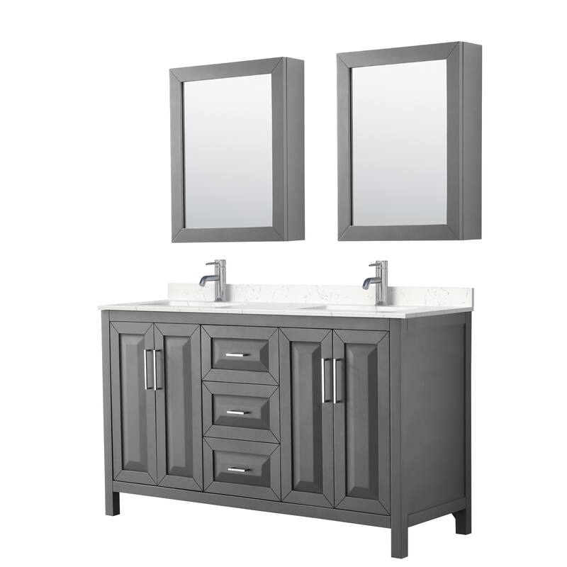 Daria 60 Inch Double Vanity, Cultured Marble Top, Medicine Cabinets - Dark Gray, Chrome Trim,Carrara Cultured Marble Top