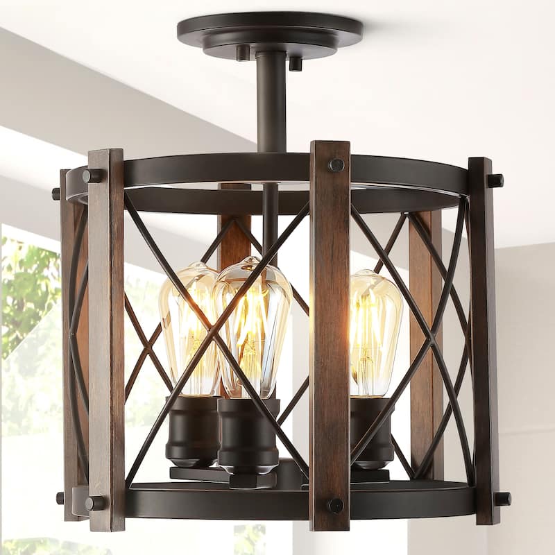 Ciel 14" 3-Light Iron Rustic Farmhouse LED Flush Mount, Brown/Oil Rubbed Bronze by JONATHAN Y - Oil Rubbed Bronze/Brown