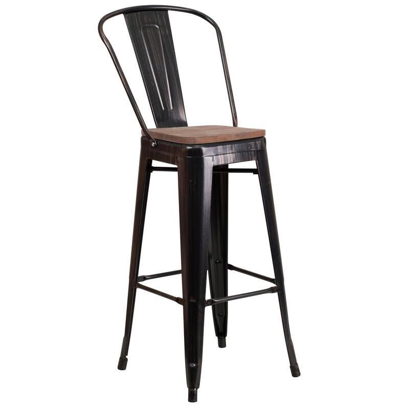 30" High Metal Barstool with Back and Wood Seat - 17.75"W x 20"D x 45.25"H