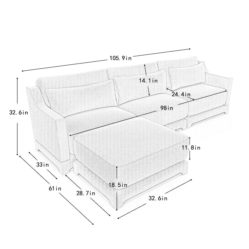 105.9" Sectional Modular Couch Sofa with Removable Ottomans & Lumbar Pillow, Chenille Fabric 3-Seater Lounge Sofa with Wood Base
