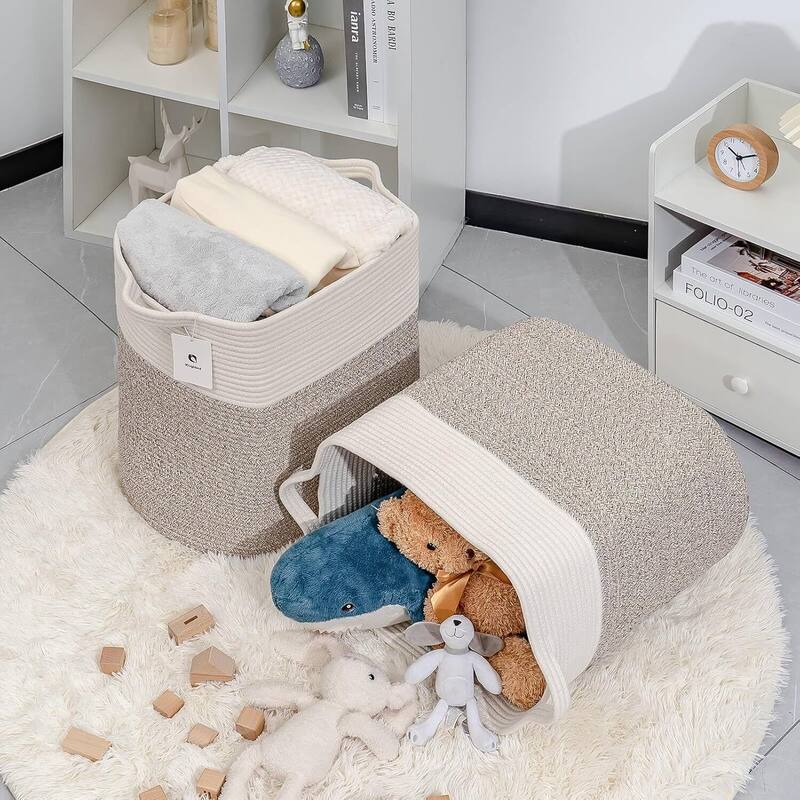 Storage Baskets for Clothes Fabric Cotton Rope Storage Basket with Handles - 14"L x 11"W x 14"H