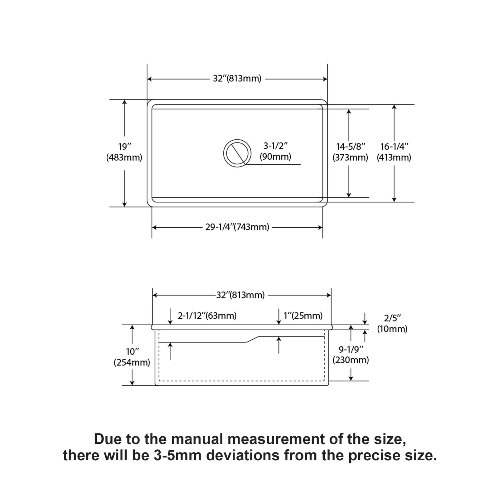 32 Inch Undermount Single Bowl Porcelain Fireclay Kitchen Sink in
