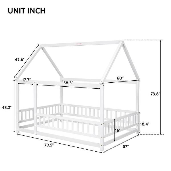 dimension image slide 2 of 4, Full Size Wooden Floor Bed with House Roof Frame and Guardrails