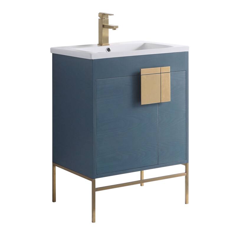 24-inch Modern Bathroom Vanity Set w/ Vitreous China Sink Top - Satin Brass - French Blue
