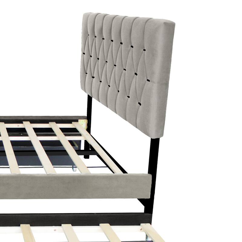 Modern Queen Upholstered Platform Bed with Gold Tufted Headboard, Pull-Out Trundle & 2 Storage Drawers, No Box Spring Needed