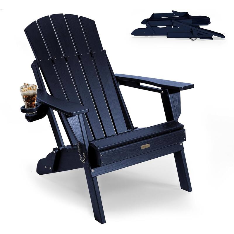 WINSOON All Weather HDPE Outdoor Folding Adirondack Chair With Cup Holder - Navy