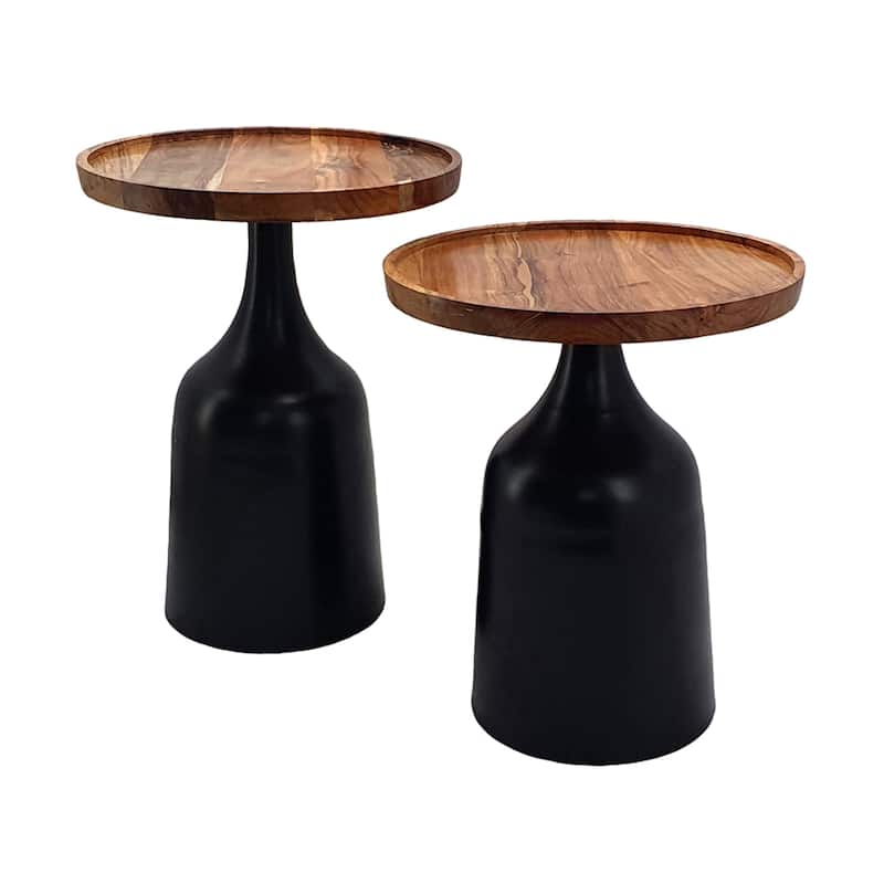 Retro Round Side Tables With Metal Base 19.5" Black and Brown 2Ct