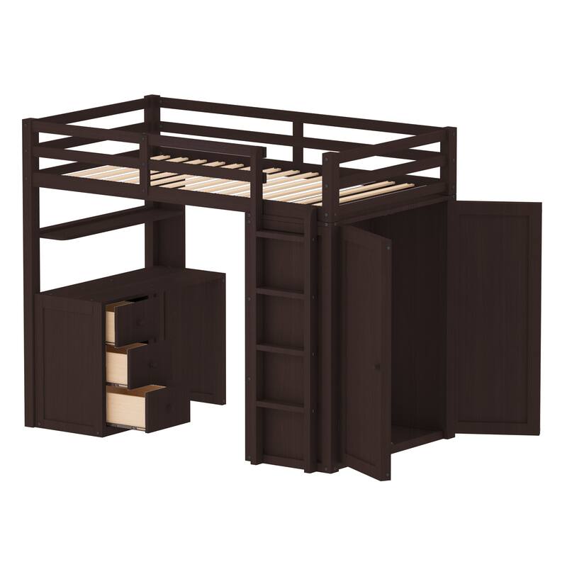 Twin size Loft Bed with Drawers,Desk,and Wardrobe