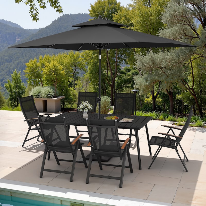 9PC Outdoor Patio Dining Set Wood-Like Aluminum Umbrella Hole Table with Folding Chairs,Double Top Market Umbrella and Base - BlackTable&BlackChairs&BlackUmbrella