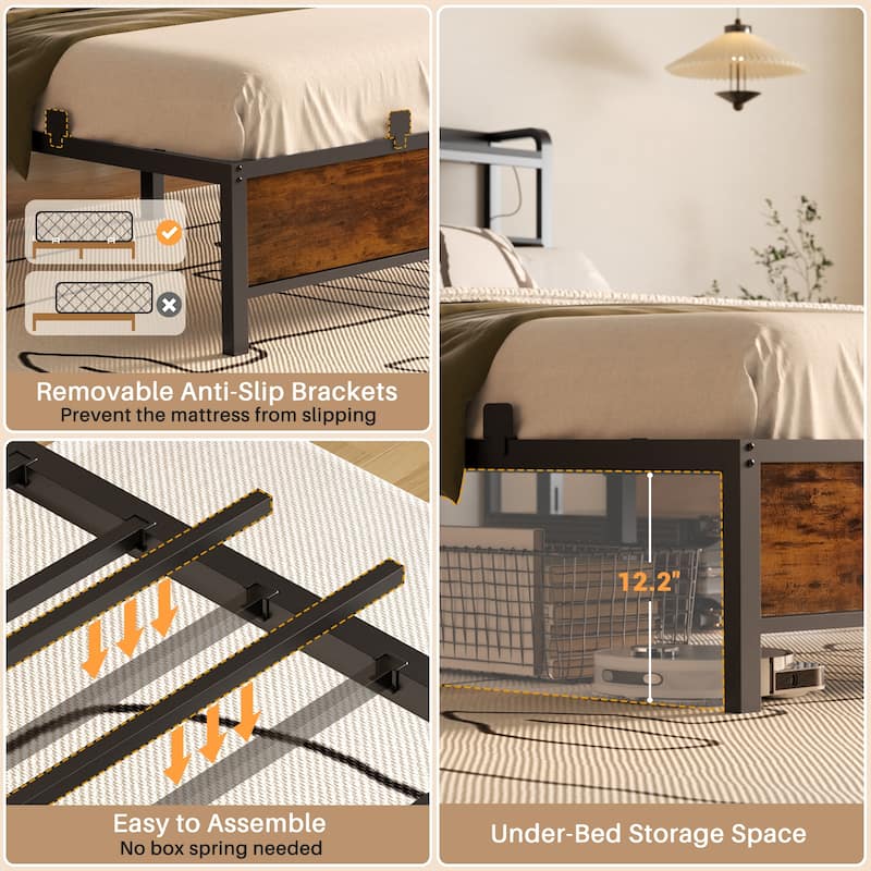 Platform Bed Frame with Upholstered Storage Headboard, Full/ Queen/ King Beds with Charge Station and LED Lights