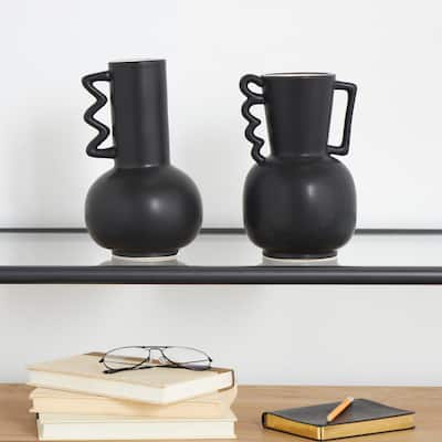 White or Black Ceramic Vase with Varying Shapes and Wavy Handles (Set of 2)