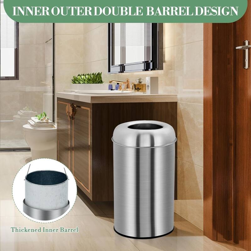 13 Gallon Open-Top Stainless Steel Trash Can Heavy-Duty for Restaurant Office or Home