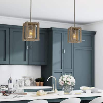 Farmhouse 1-Light Wood Pendants Light for Kitchen Island Dining Room - L7.9" xW7.9 "xH10.6"