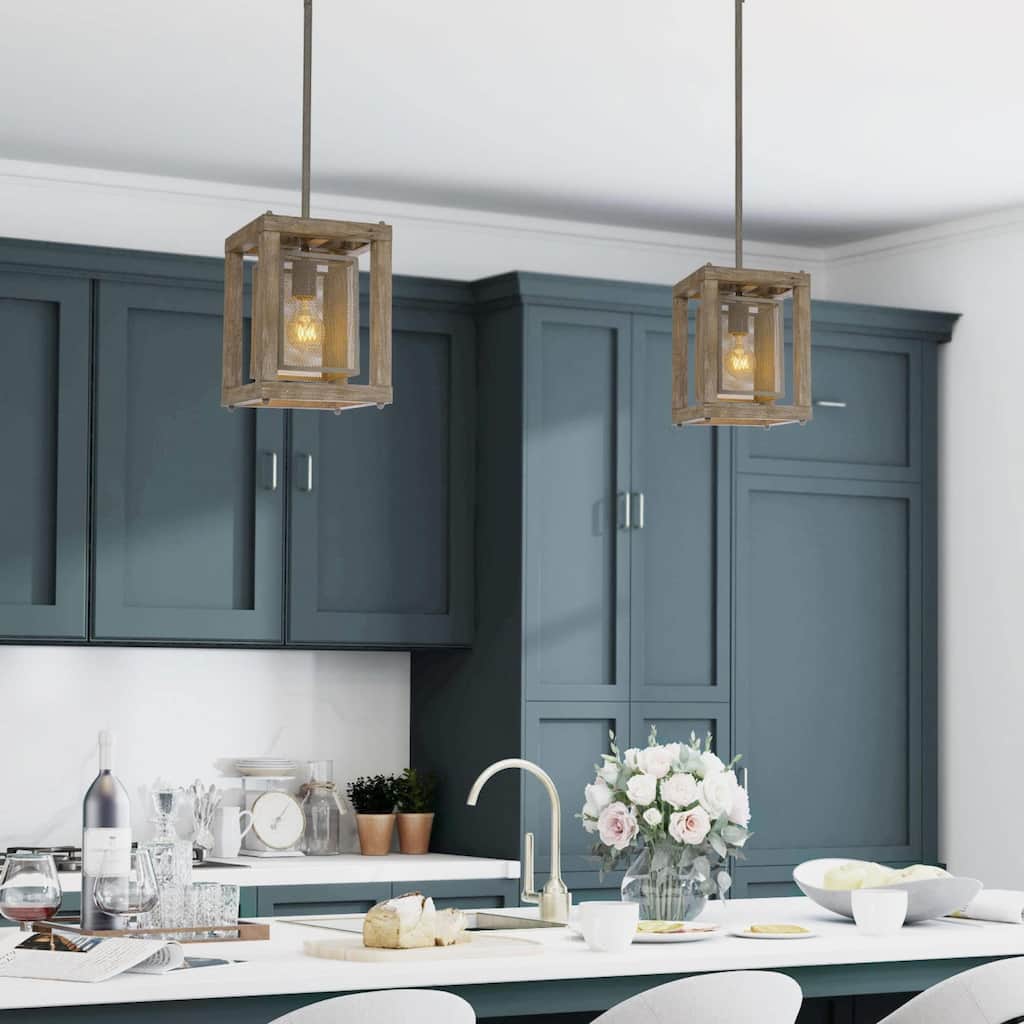 Farmhouse 1-Light Wood Pendants Light for Kitchen Island Dining Room - L7.9" xW7.9 "xH10.6"