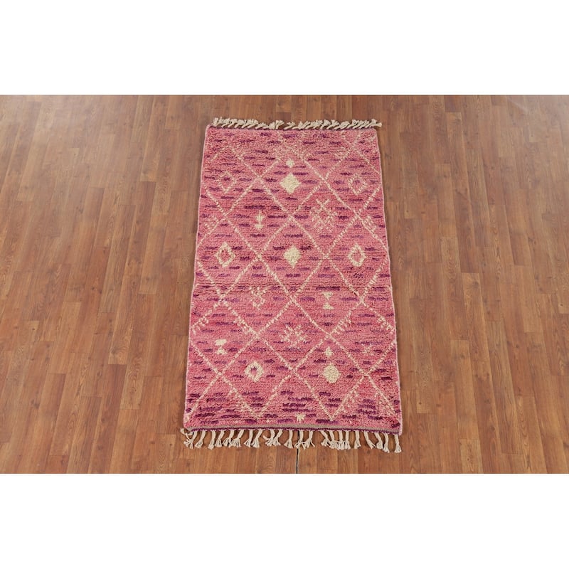Pink Trellis Moroccan Oriental Accent Rug Hand-Knotted Wool Carpet - 3'1" x 5'4"