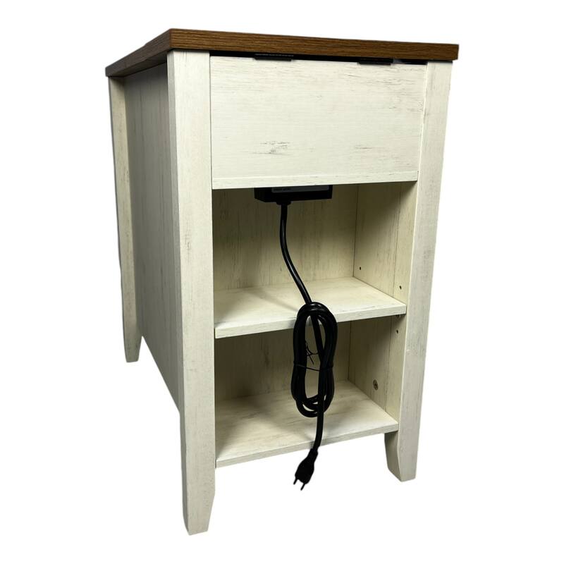 Farmhouse End Table Side Table with Charging Station, Storage Cabinet File Cabinet with Barn Door and Drawer